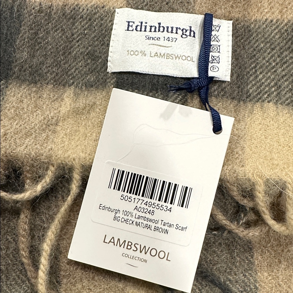 Edinburgh 100% Lambswool Scarf Large Check Plaid Tan Black OS - Picture 3 of 3